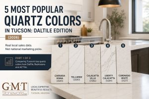 5 Most Popular Quartz Colors in Tucson: DalTile Edition 2026 — Carrara Roma, Telluride, Calacatta Villa, Liberty Calacatta, and Coronado White quartz samples on a kitchen countertop, GMT Stoneworks