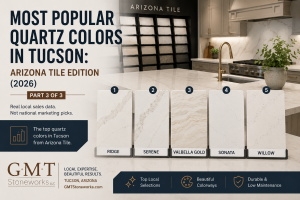 Featured graphic for GMT Stoneworks' blog, Most Popular Quartz Colors in Tucson: Arizona Tile Edition (2026). The image features five Arizona Tile Della Terra quartz colors displayed as countertop samples: Ridge, Serene, Valbella Gold, Sonata, and Willow. A bright modern kitchen serves as the background, with text highlighting that this is Part 3 of a three-part series based on real Tucson sales data. GMT Stoneworks branding appears in the lower left corner with the website GMTStoneworks.com.